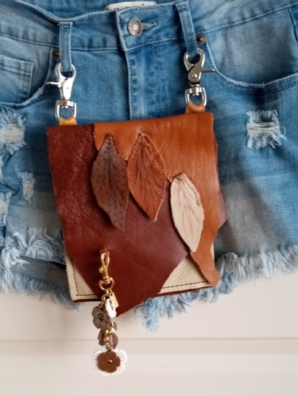 Handcrafted Brown Leather Clip-on Bag with Leaf Appliqué w/Leather Flowers.